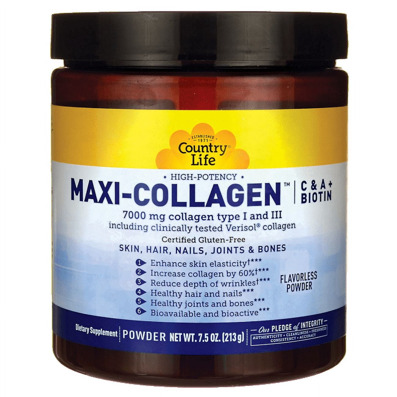 Country Life Maxi-Collagen 7000 Powder - Verisol Bioactive Collagen Peptides, Vitamin C, A & Biotin, 4,500 mg Types I & III Grass-Fed Collagen - Supports Skin, Hair, Nails & Joint Health, 7.5 oz