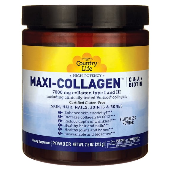 Country Life Maxi-Collagen 7000 Powder - Verisol Bioactive Collagen Peptides, Vitamin C, A & Biotin, 4,500 mg Types I & III Grass-Fed Collagen - Supports Skin, Hair, Nails & Joint Health, 7.5 oz