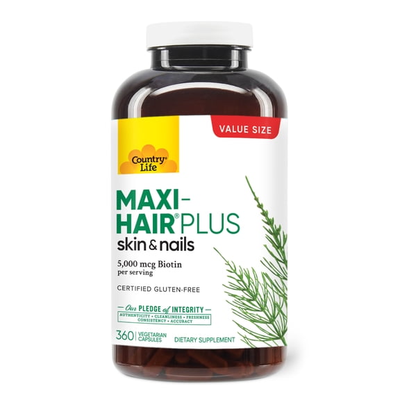 Country Life Maxi-Hair Plus 5000 mcg Biotin, 360 Vegetarian Capsules | With MSM, amino acids, vitamins and minerals for healthy hair, skin and nails; 90 servings