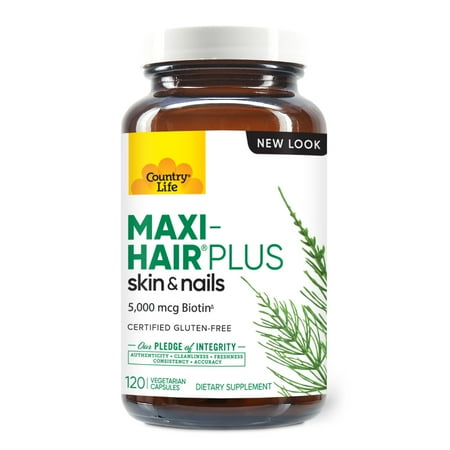 Country Life Maxi-Hair Plus Hair Skin & Nails Vitamin, 5,000 mcg Biotin, 120 Vegetarian Capsules, Gluten Free
