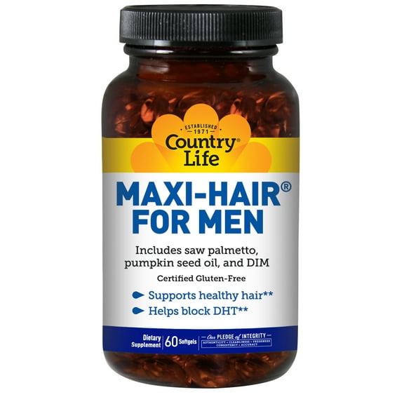 Country Life Maxi-Hair for Men with Saw Palmetto, DIM & Biotin, Hair Support, 60 Softgels, Certified Gluten Free