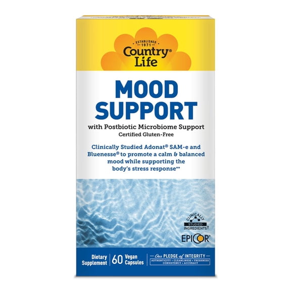 Country Life Mood Support with SAM-e and Lemon Balm, 60 Vegan Capsules | Clinically studied SAM-e and lemon balm with EpiCor postbiotic for mood, stress response and gut support