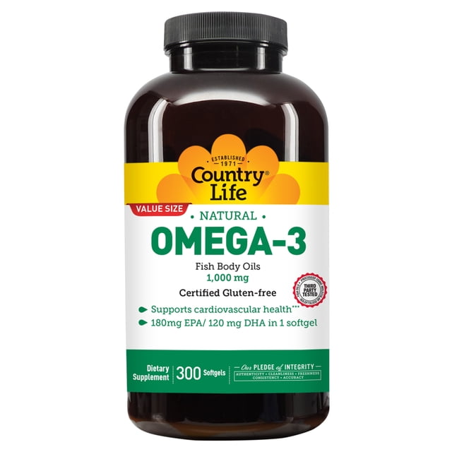 Country Life Omega 3 - 1000 mg, 300 Softgels, Gluten-Free, Supports ...