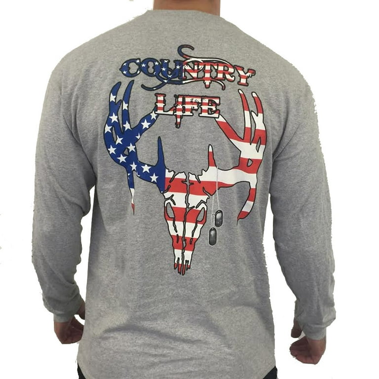 Country Life Patriotic American Flag Deer Skull Gray Long Sleeve