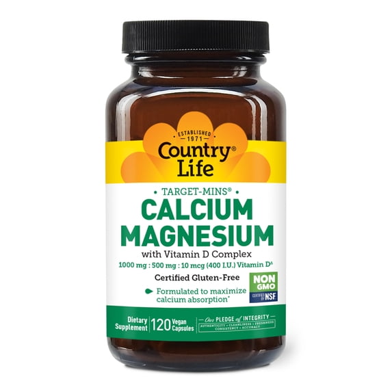 Country Life Target-Mins Calcium Magnesium with Vitamin D-Complex, 1000mg/500mg/10mcg, 120 Vegan Capsules, Certified Gluten Free, Certified Vegan, Verified Non-GMO Verified