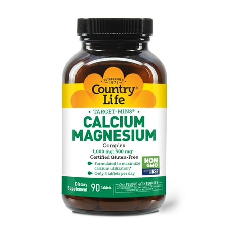 Country Life Target-Mins Calcium Magnesium Complex 1000mg/500mg, 90 Tablets, Certified Gluten Free, Certified Vegan, Certified Non-GMO Verified
