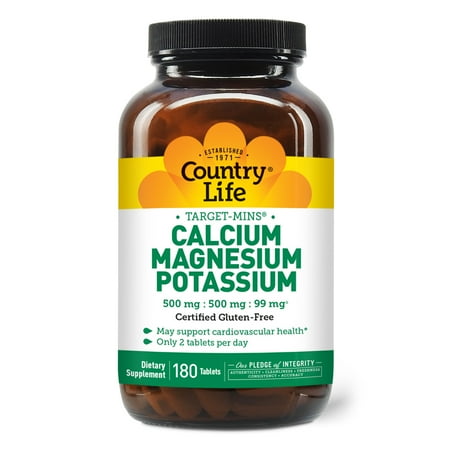 Country Life Target Mins - Calcium Magnesium Potassium Bone & Heart Health Supplement, 1000mg Calcium, 500mg Magnesium, Supports Calcium Utilization, 180 Tablets – Certified Gluten Free & Vegan