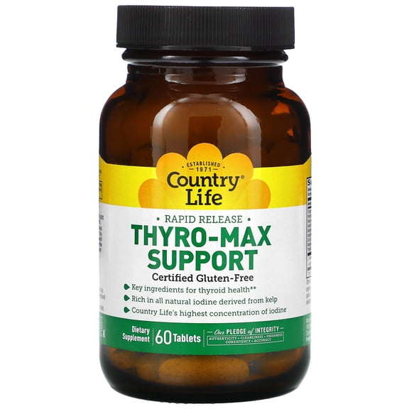 Country Life Thyro-Max Support with Kelp Iodine & L-Tyrosine, 60 Tablets, Rapid-release formula with 450 mcg iodine, L-tyrosine, B vitamins and minerals, Certified Gluten-Free and Kosher