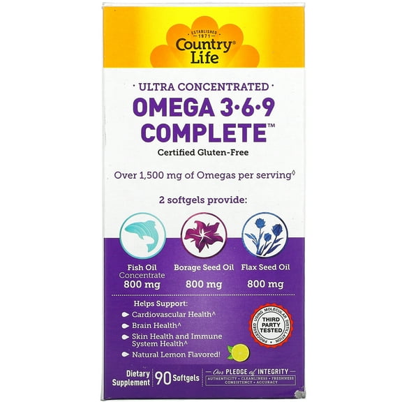 Country Life Ultra Concentrated Omega 3-6-9 Complete, Natural Lemon, 90 Softgels