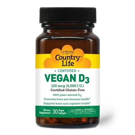 Country Life Vegan D3 5000 IU, 30 Softgels, Certified Gluten Free, Certified Vegan