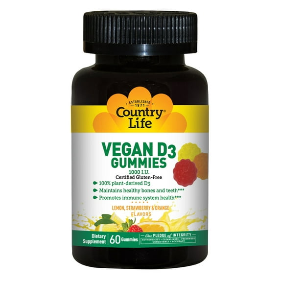 Country Life Vegan D3 Gummies, Lemon, Strawberry & Orange Flavors, 25 mcg (1,000 IU), 60 Gummies