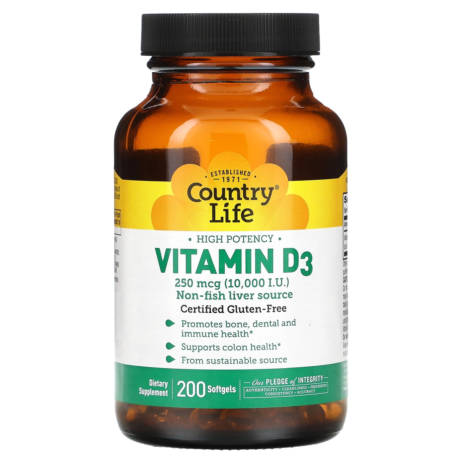 Country Life Vitamin D3 10,000 IU – High Potency Non-Fish Source – Bone & Immune Support – Certified Gluten-Free – 200 Softgels