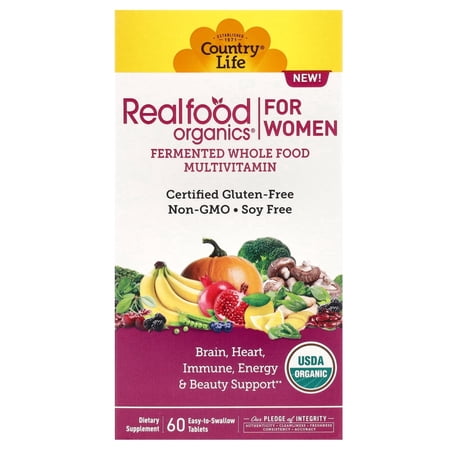 Country Life Realfood Organics Women’s Multivitamin – USDA Organic, Vegan, Gluten-Free – 1,300mg Fermented Whole Foods, Vitamins D, E, B, Folate & Biotin – Daily Energy & Beauty – 60 Tablets