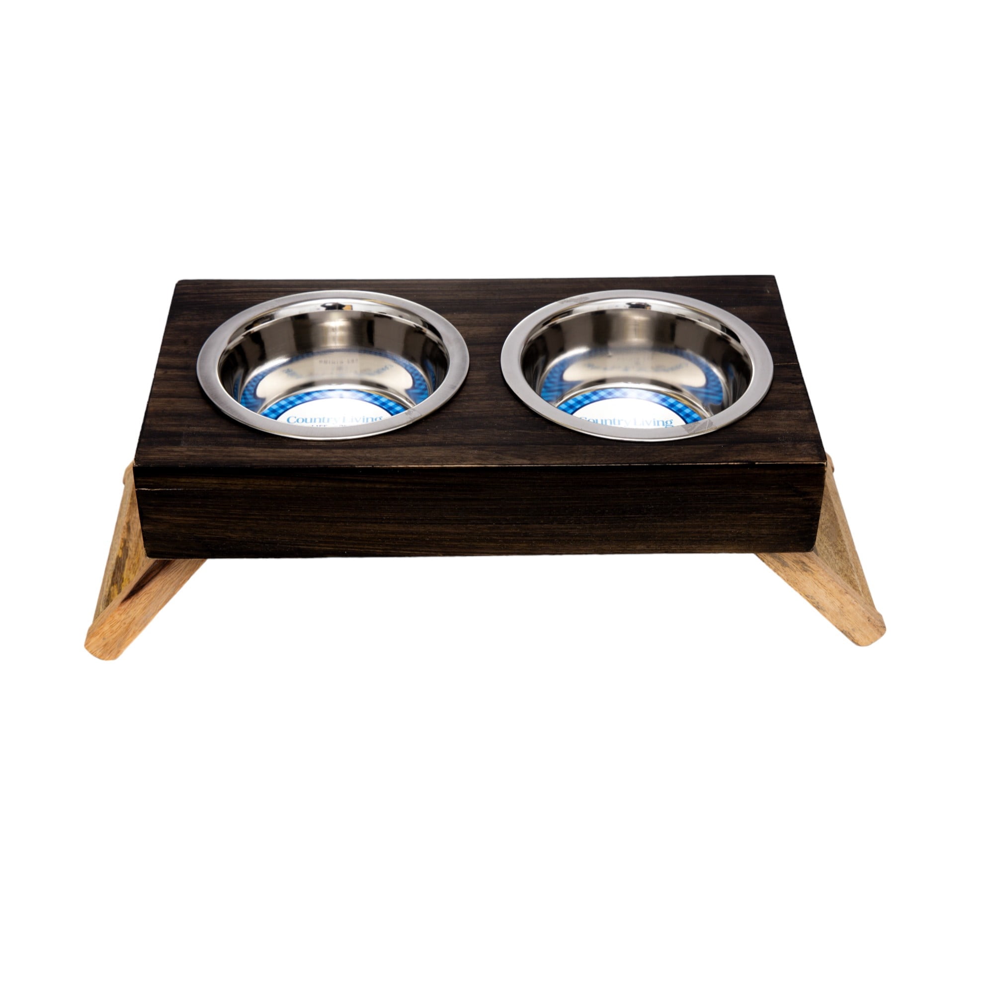 Country Living Elevated Mango Wood Dog Feeder w/ 2 Stainless Steel Bowls (24oz Each)–Brown