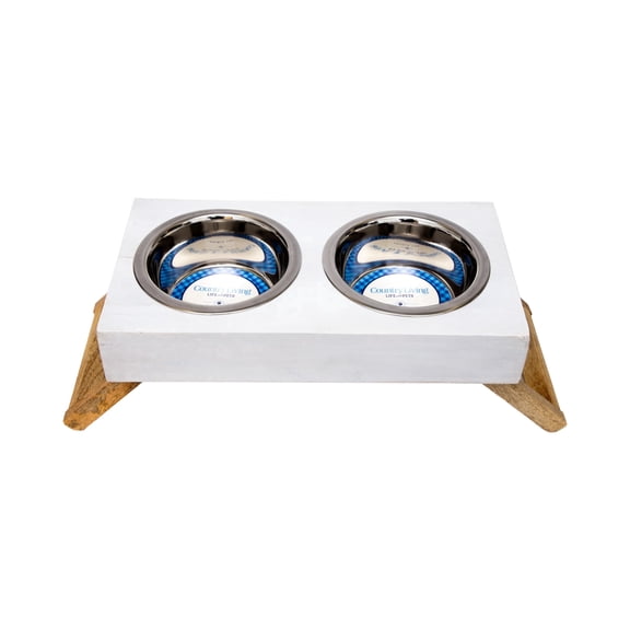 Country Living Elevated Mango Wood Dog Feeder with 2 Stainless Steel Bowls – White/12oz