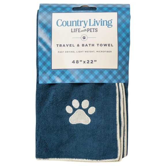 Country Living Large Marine Blue Microfiber Dog Bath Towel with Embroidered Paw Print