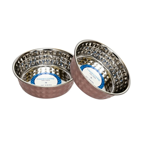 Country Living Set of 2 Hammered Stainless Steel Dog Bowls – Rose Quartz/64oz