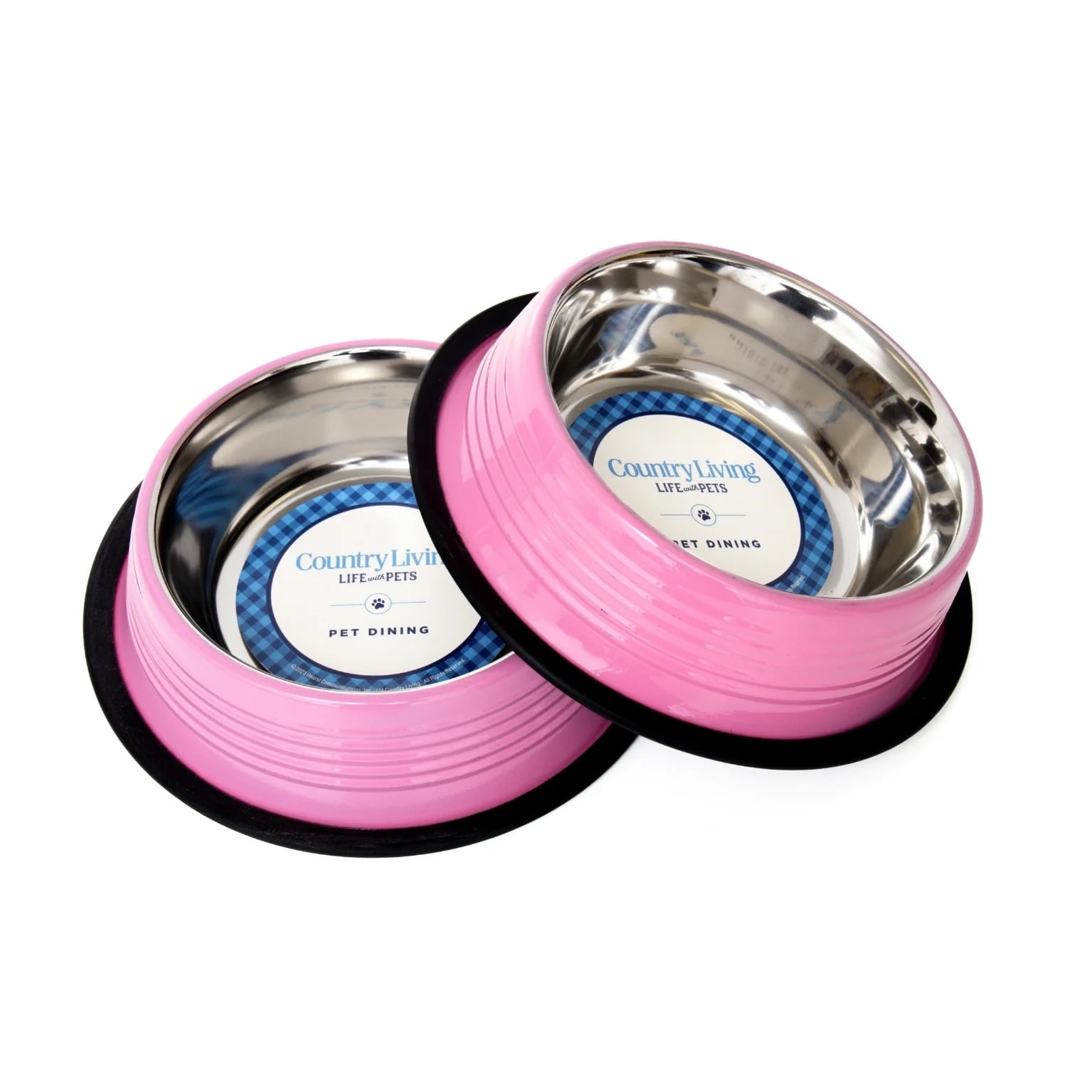Pink Ribbed Stainless Steel Non-Skid Pet Bowls, 32oz, Set of 2