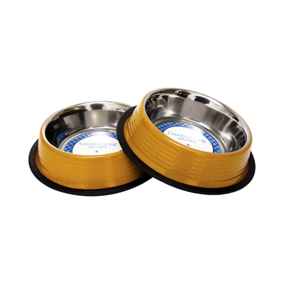 Country Living Set of 2 Ribbed Non-Slip Stainless Steel Pet Bowls – Golden Yellow/16oz