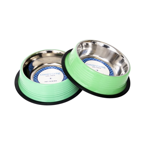 Country Living Set of 2 Ribbed Non-Slip Stainless Steel Pet Bowls – Irish Green/8oz