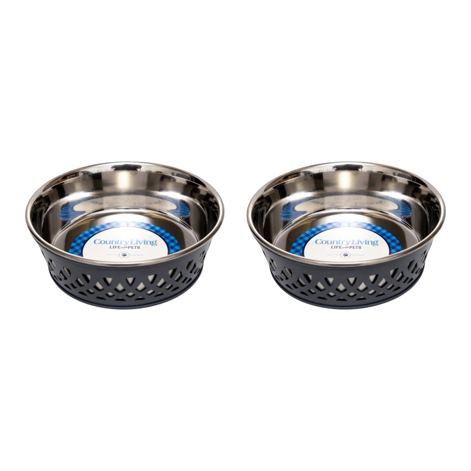 Country Living Set of 2 Stainless Steel Dog Bowls – Farmhouse Style – Gray/30oz