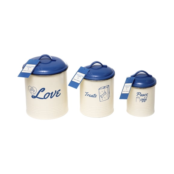 Country Living Set of 3 Pet Treat Canisters, Dog Treat Storage with French Blue Lid