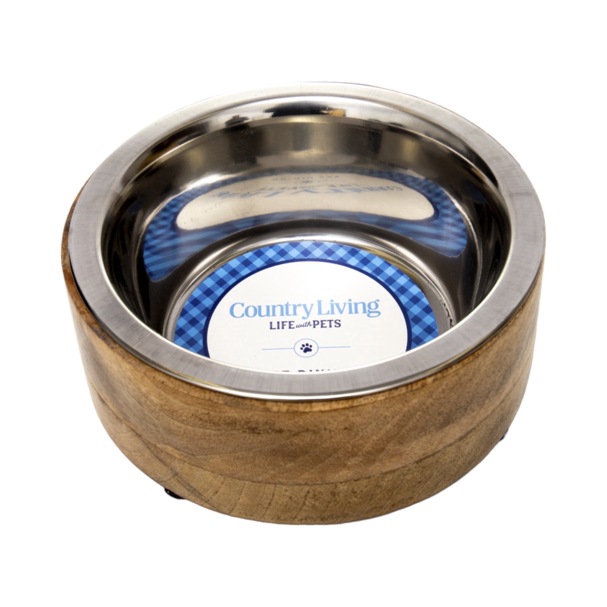 Country Living Stainless Steel Dog Bowl with Cylindrical Mango Wood Holder, 1 Quart