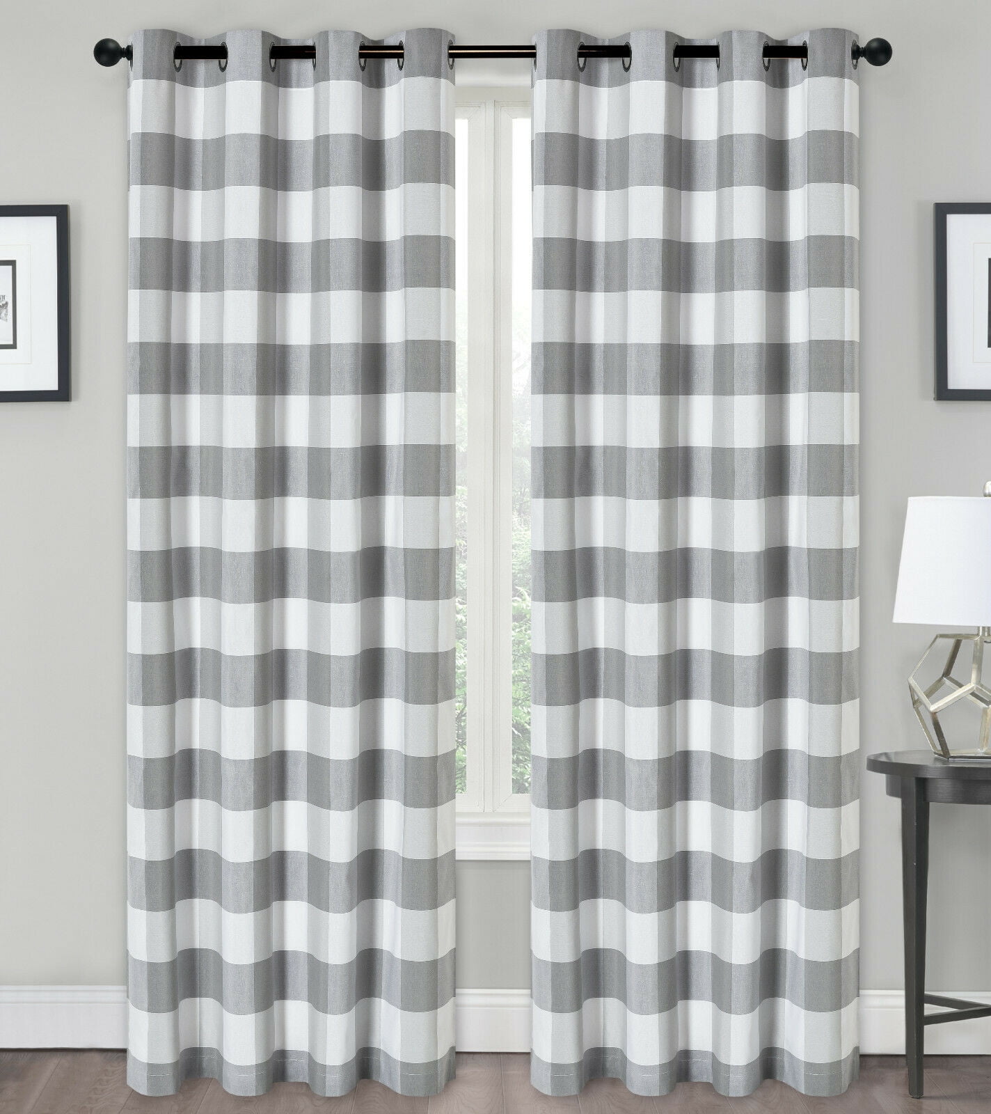 Kate Aurora Lodge Farmhouse Gray Plaid Country Light Filtering Kitchen Curtains, 54 x 84 in (2 Panels)