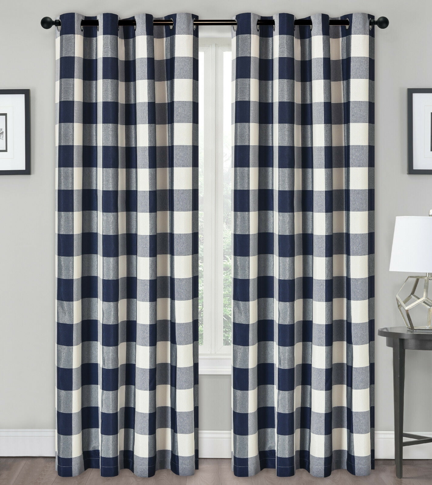 Kate Aurora Navy Blue Plaid Lodge Farmhouse Grommet Curtains, 54” x 84” (2 Panels)