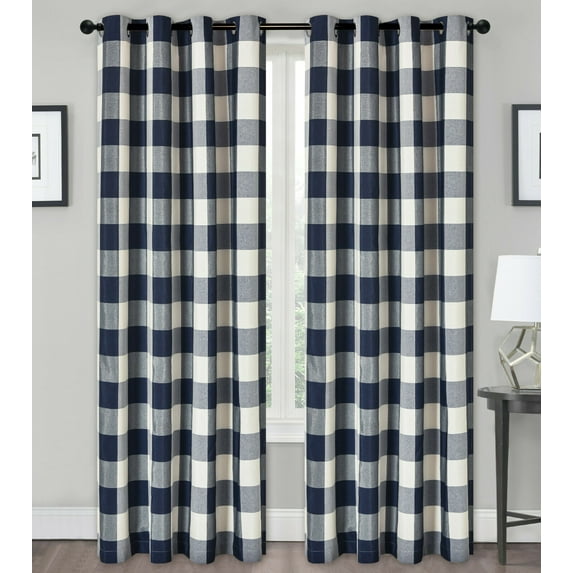 Kate Aurora Navy Blue Plaid Lodge Farmhouse Grommet Curtains, 54” x 84” (2 Panels)