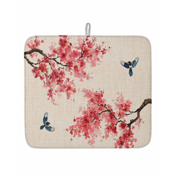 Country Mayflowers Magpies Dish Drying Mats for Kitchen Counter,Absorbent Microfiber Dish Drainer Rack Mat Retro Floral Art on Linen Drying Pad for Sinks,Utensils,Countertops,16x18in