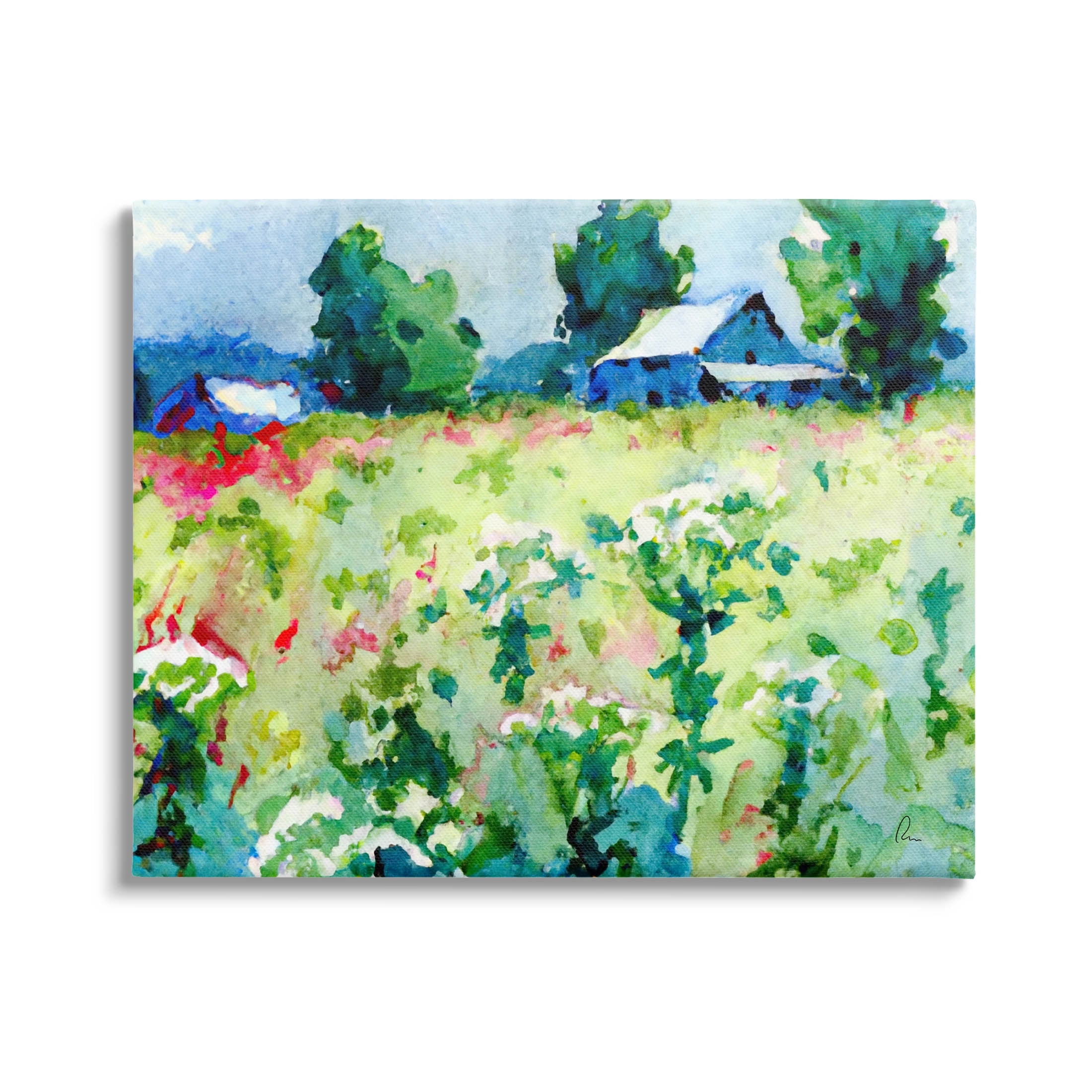 Country Meadow Cottage Landscape Landscape Painting Gallery Wrapped Canvas Print Wall Art