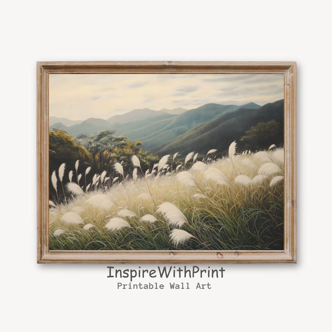 Rustic Country Office Country Meadow Grass Field Landscape Wall Art Print, Pampas Neutral ...