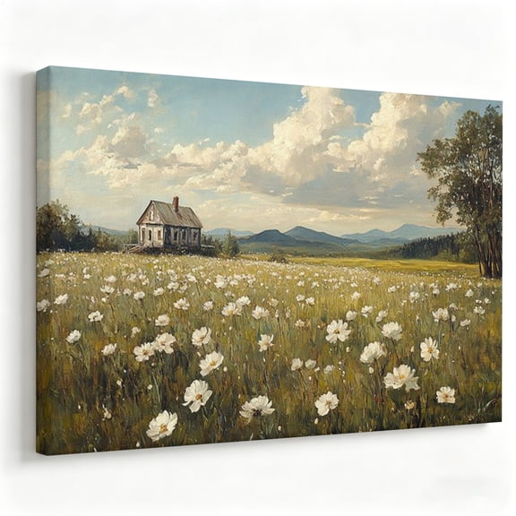 "Country Meadow Sanctuary" Nostalgic Farmhouse Canvas Art, Wildflower Field Landscape Oil Painting Print, Matte Finish Gallery Wrapped Rural Wall Decor 8*12