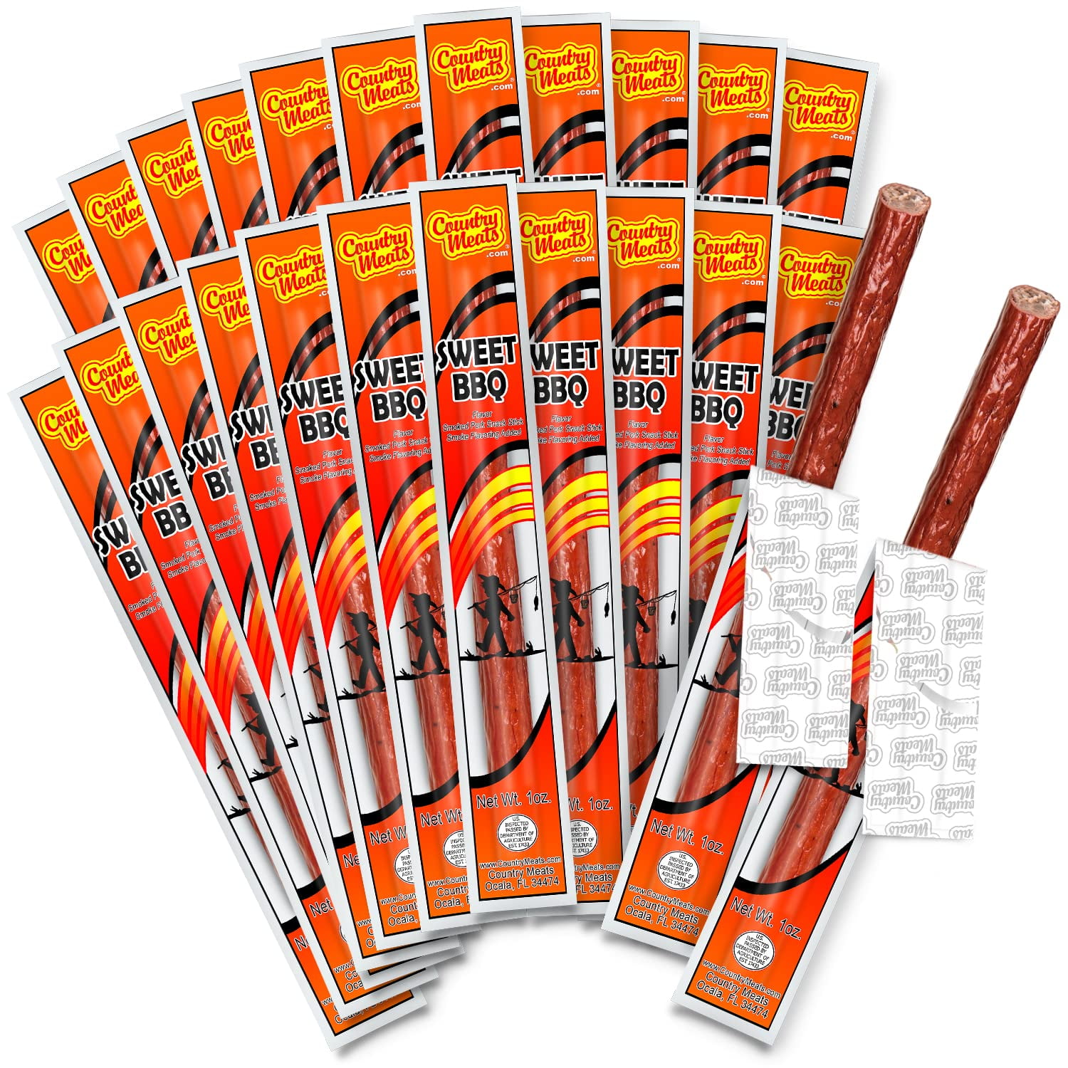 Country Meats, Meat Sticks, DPF110 Trans Fat, USDA Certified, Good Source of Protein, Carb Conscious Snack (24 Meat Sticks, Sweet BBQ)