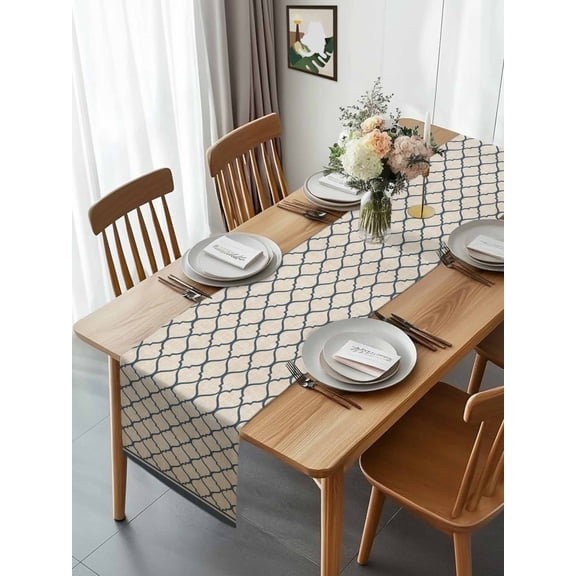 Country Morocco Blue Stripe Table Runner 13x70in Non-Slip Cotton Linen Table Runners, Buffalo Lattice Vintage Linen Back Dresser Scarves TableRunner for Dinner Kitchen Dining Wedding Party