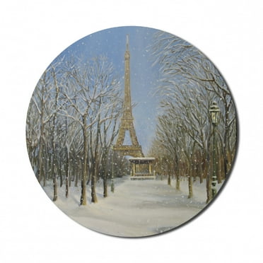 Country Mouse Pad for Computers, Winter Scene of Historical Eiffel Tower in Paris Snowy City Europe Urban View, Round Non-Slip Thick Rubber Modern Mousepad, 8" Round, White Blue Grey, by Ambesonne