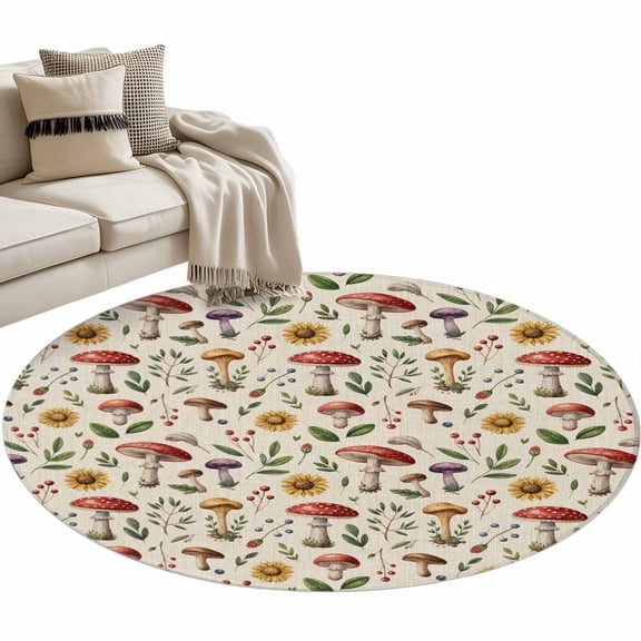Country Mushroom Large Area Rugs for Bedroom Living Room, Soft Non Slip Carpet Bedside Rug, Vintage Fall Botanical Flowers Leaves Round Floor Cover Kitchen Accent Rug 4' for Dining Room/Office