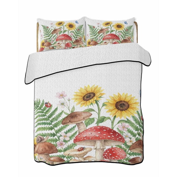 Country Mushroom Quilts Bedding Set Twin Size Sunflower Fern Leaf Butterfly Ladybug Botanical Lightweight Quilted Bedspread 3 Piece Bed Quilt with 2 Pillow Shams All Season for Bedroom 68" x 86"