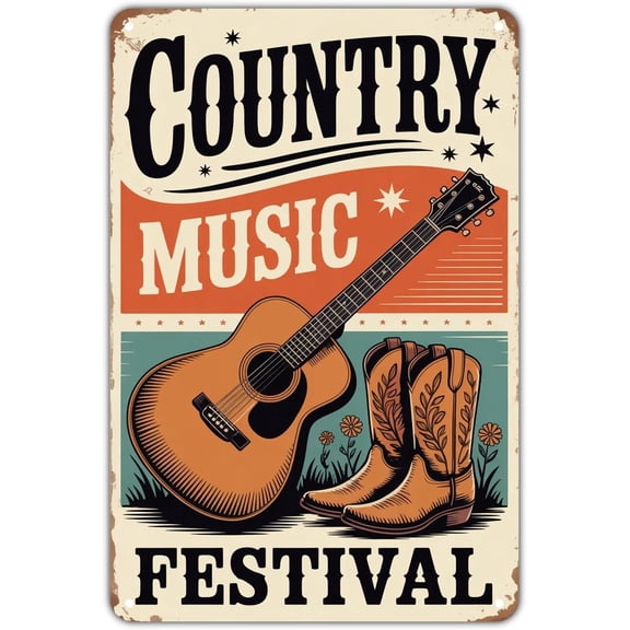 Country Music Festival tin sign Vintage Guitar & Cowboy Boots Metal Sign Print Aesthetic for Garden Yard Bar Porch Home Bedroom Kitchen Wall Decor Decor Gift 8 x 12 inch