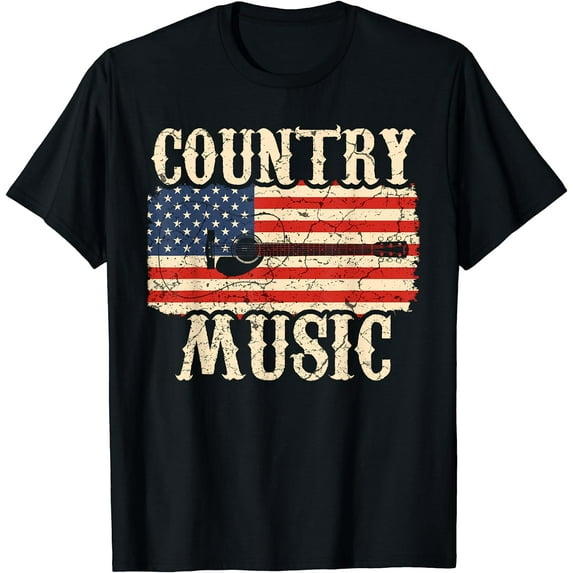 Country Music Retro Vintage Guitar American Flag T-Shirt Black Large