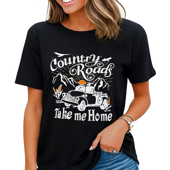 Country Music Shirts Women Country Roads Take Me Home Letter Vintage Graphic Short Sleeve Tee Tops Black 2X-Large
