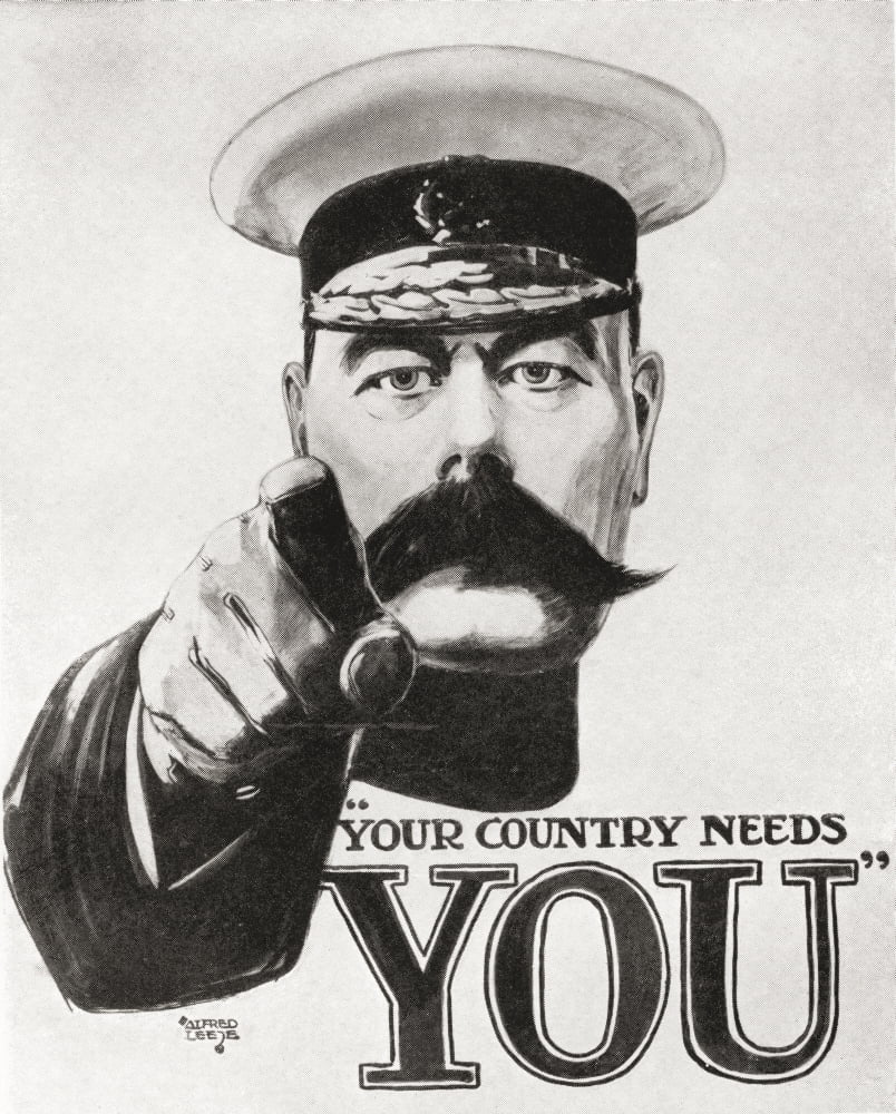 Your Country Needs You Famous Kitchener World War One recruitment poster From The War Memoirs of David Lloyd George published 1933 Canvas Art - Ken Welsh Design Pics (12 x 16)