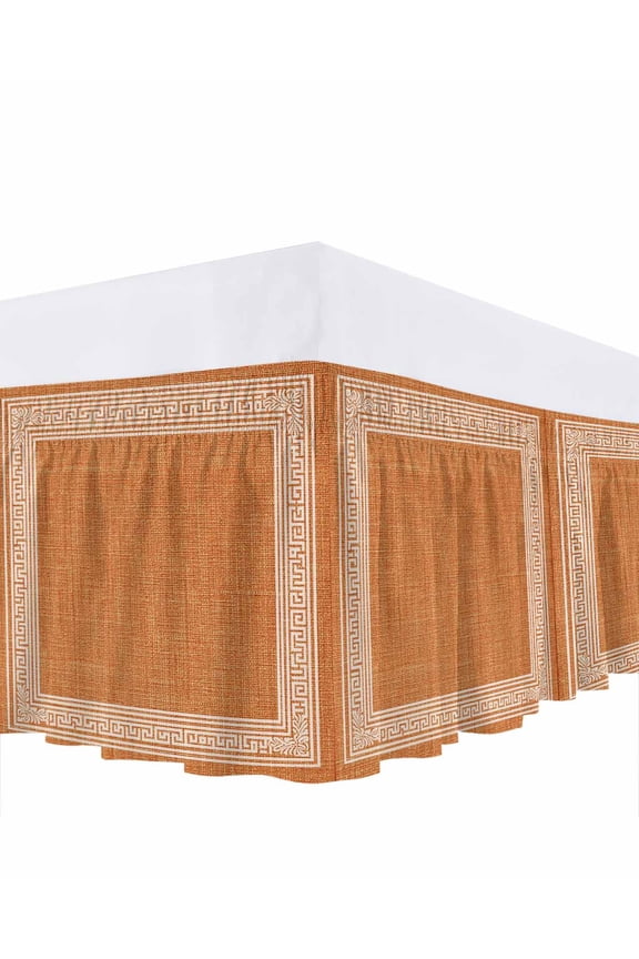 Country Orange Bed Skirt King Size 18 Inch Drop, Greek Key Design Linen Texture Farmhouse Wrap Around Dust Ruffle Bedskirts, Wrinkle & Fade Resistant Easy Fit Bedskirt with Adjustable Elastic