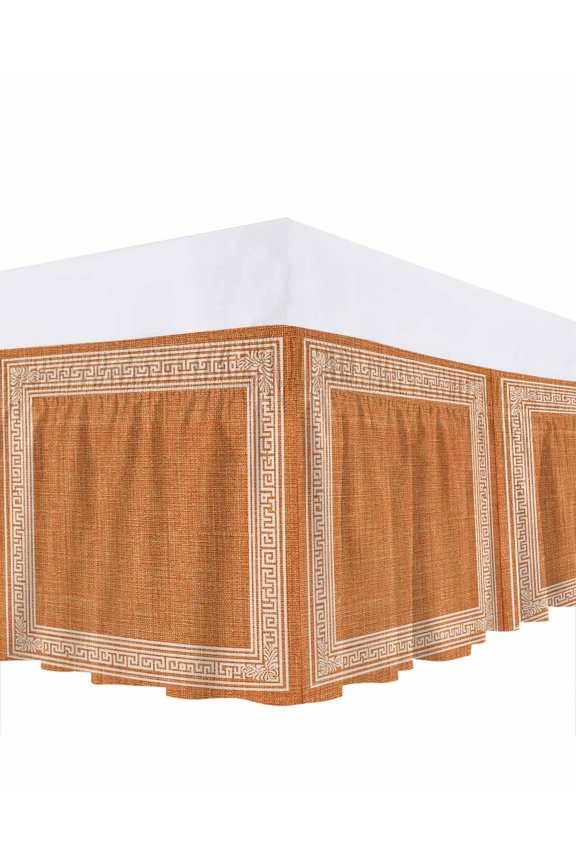 Country Orange Bed Skirt Queen Size 16 Inch Drop, Greek Key Design Linen Texture Farmhouse Wrap Around Dust Ruffle Bedskirts, Wrinkle & Fade Resistant Easy Fit Bedskirt with Adjustable Elastic