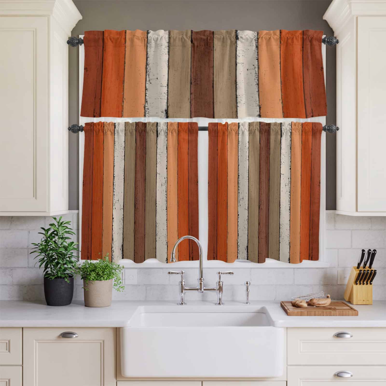Country Orange Brown Wood Grain Curtain Tier and Valance Set 3 Piece ...