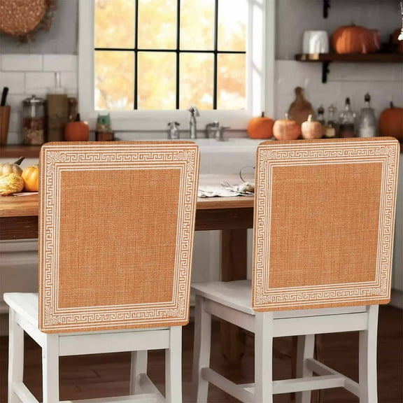 Country Orange Chair Covers Set of 1 Greek Key Design Linen Texture Farmhouse Chair Back Covers Stretch Removable Washable Slipcovers Protector for Dining Room Kitchen Party Decor