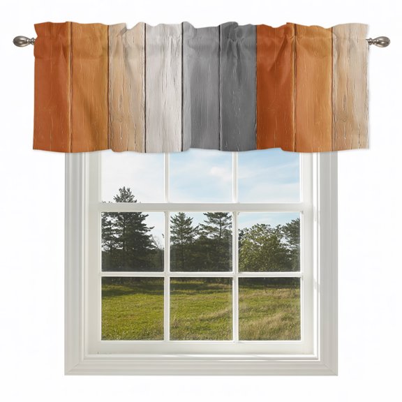 Country Orange Gray Wood Board Valances for Windows Farmhouse Gradient Wooden Rod Pocket Curtain Valance Window Treatment Short Curtains for Kitchen Living Room,42x12in