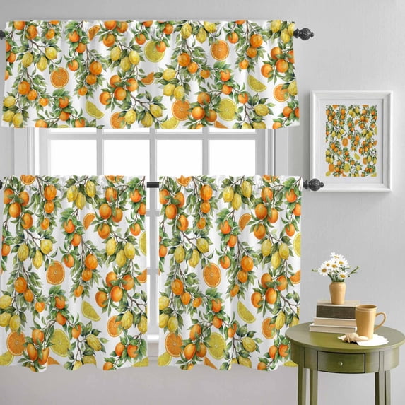 Country Orange Lemon Leaf Curtain Tier and Valance Set 3 Piece, Farmhouse Fruit Botanical 3-inch Rod Pocket Window Tier Curtains Valance for Kitchen Living Room