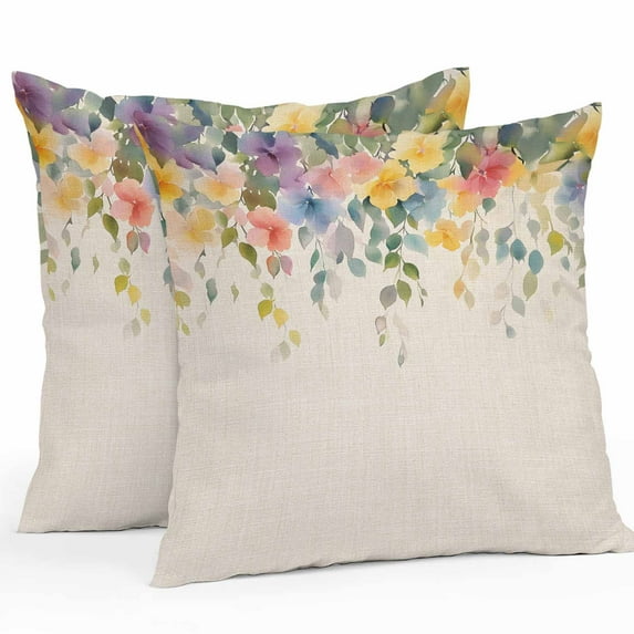 Country Outdoor Pillow Covers Pack of 2 Watercolor Pastoral Wildflowers Linen Texture Waterproof Throw Pillow Covers Decorative Cushion Cases for Patio Garden Tent Balcony Couch 26x26 inch